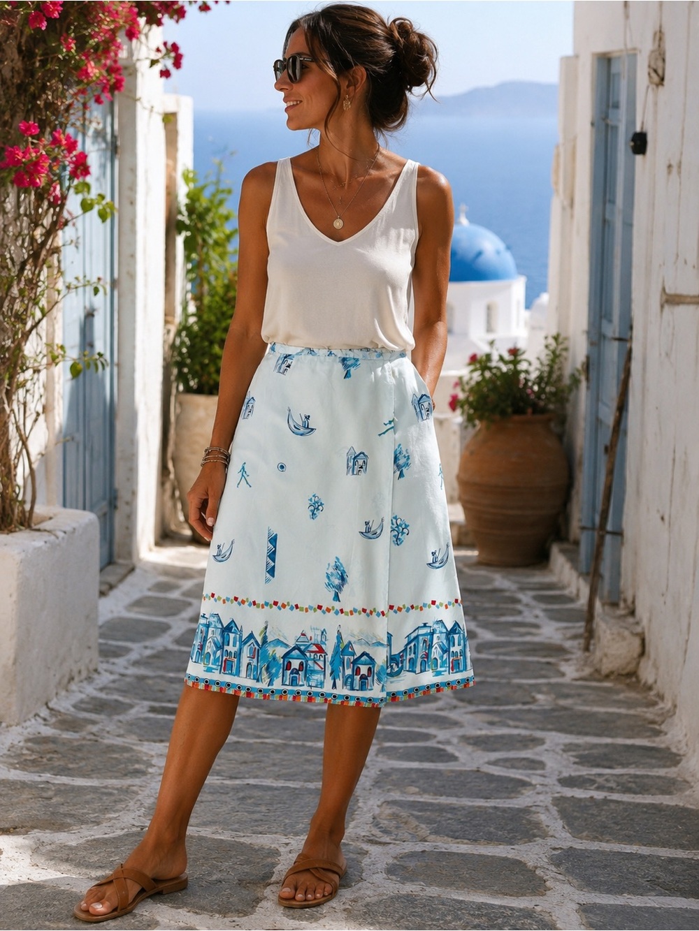 Silk VTG Marsh Landing Mediterranean Print Wrap Skirt Size L